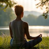 Person meditating peacefully outdoors, representing stress management workshops.